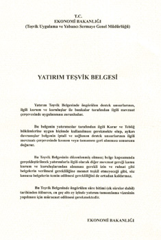 Yatırım Teşvik Belgesi